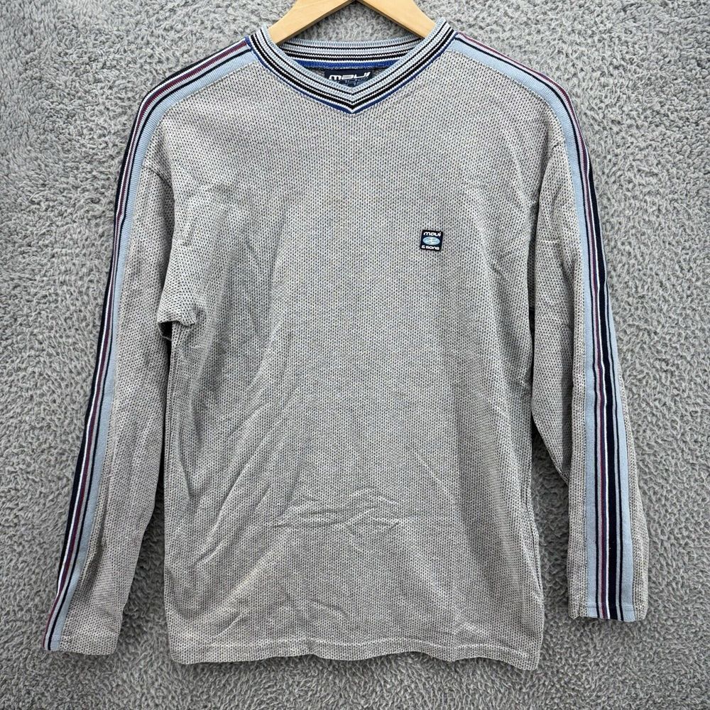 Maui and Sons Men's Medium Gray V-Neck Long Sleeve Jersey Knit Striped L/S Shirt